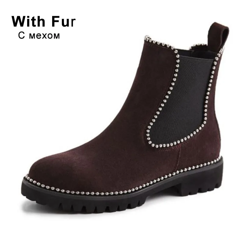 Taoffen Size 34-41 Women Genuine Leather Beads Ankle Boots Chelsea Office Work Party Casual Short Boots Flats Daily Footwear - Цвет: coffee with fur