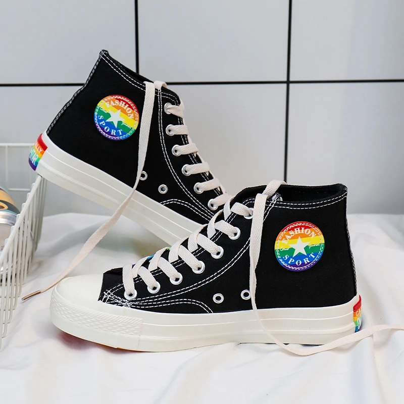 

Women's Rainbow Retro High-top Tide White Canvas Sneakers Girl Women Sneakers High Top Canvas Shoes Basket Femme Shoes W31-67