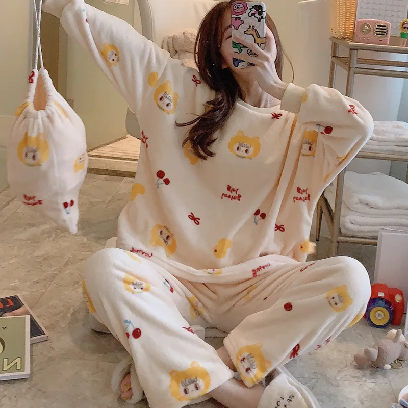 

Pajamas Women's Autumn And Winter Coral Velvet Sweet Cute Princess Thick plus Velvet Flannel Homewear Set Send Storage Bag
