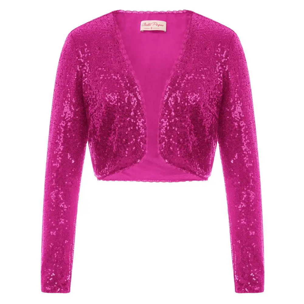 Fuchsia Belle Poque, Модный женский кардиган, блестящий, расшитый блестками, сплошной цвет, длинный рукав, укороченная длина, открытая спереди, пальто, топы, болеро, болеро - Цвет: Fuchsia
