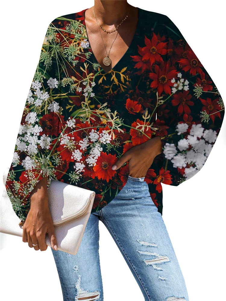 

MOZOEYU 2020 Ladies Flower Design Blouse Floral Rose Tops V-Neck Long-sleeved Blouse Work Batwing Sleeve Loose Shirt