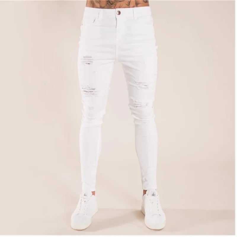 Модные однотонные белые джинсы, мужские сексуальные рваные облегающие мужские джинсы с эффектом потертости, повседневная верхняя одежда, штаны в стиле хип-хоп, S-4XL