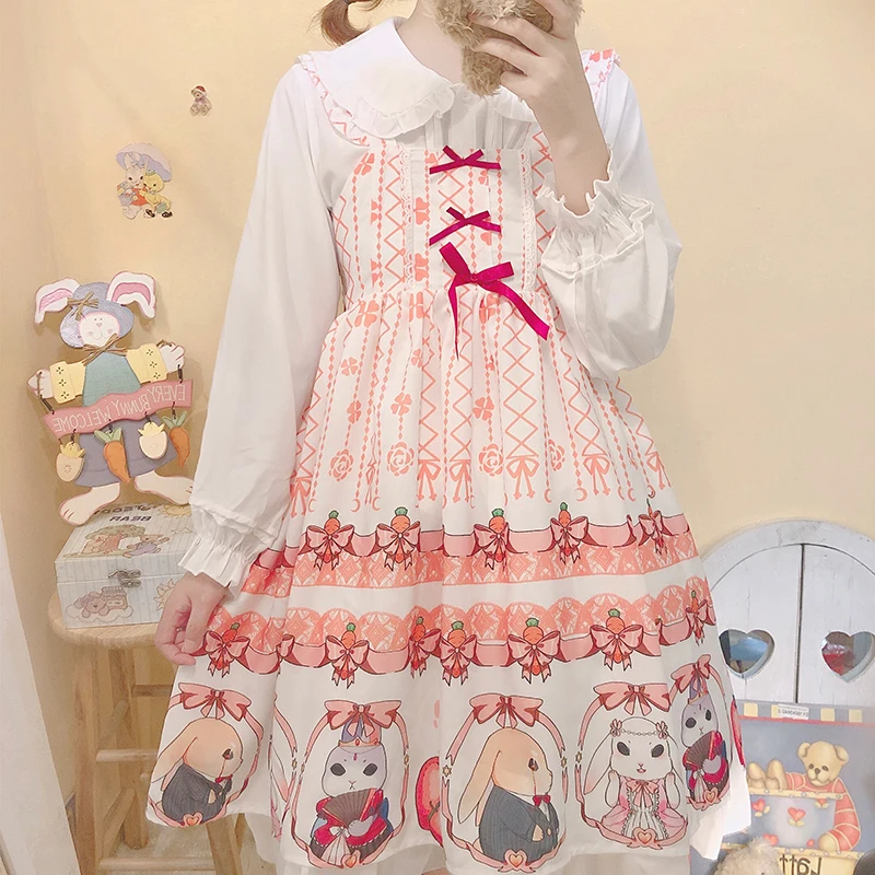 Kawaii платье лолиты Harajuku Kawaii платье для косплея милый кролик принт с открытыми плечами платья для женщин осень