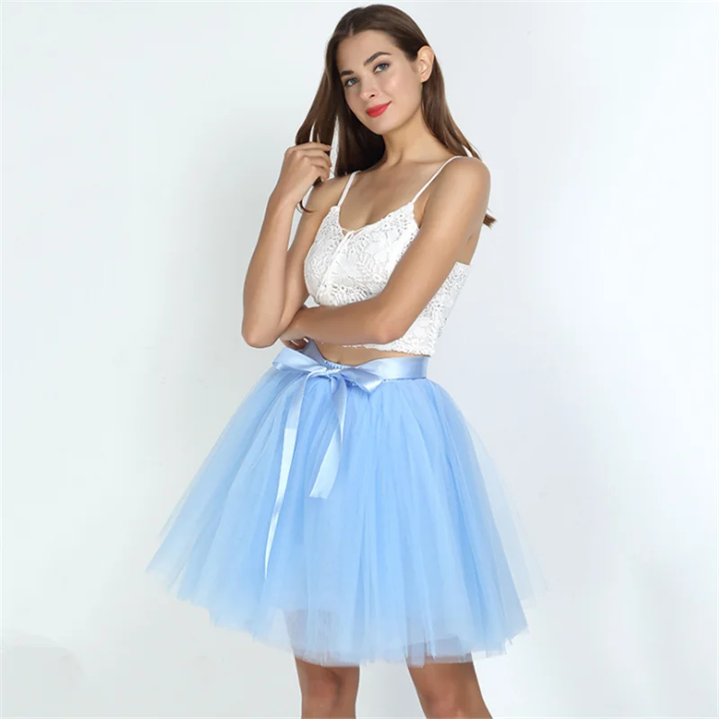 Sweet Red Bow-knot Tulle Wedding Crinoline Petticoat Women Pink Purple Swing Party Prom Mini Mesh Rockabilly Skirt Underskirt - Цвет: light blue