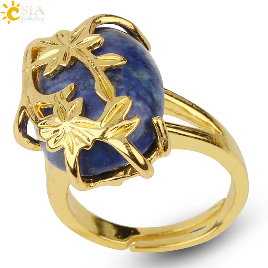 Lapis Lazuli Csja, золотистое кольцо из натурального камня, покрытое цветком, в форме яйца, кабошон, кольца для пальцев для женщин, модные ювелирные изделия, вечерние G245 - Цвет основного камня: Lapis Lazuli