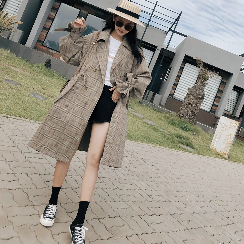 

Photo Shoot 2018 Autumn New Style WOMEN'S Dress Retro Laziness-Style Drawstring Waist Hugging Slimming Cape Plaid Trench Coat