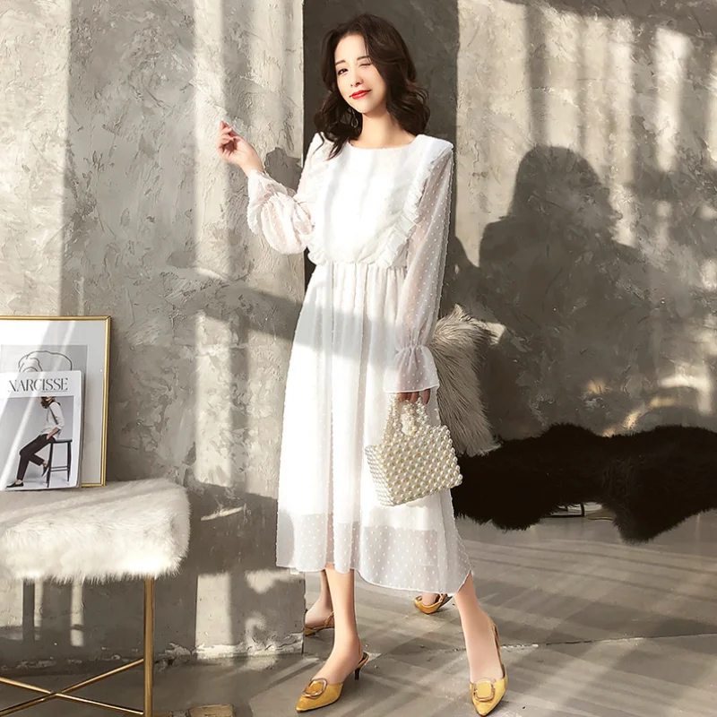 

Women Ruffles Polka Dot Chiffon Long Dress Ladies Retro Elastic Waist Flare Sleeve Vestidos Slim Dresses