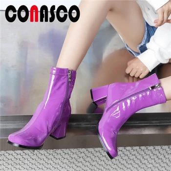 

CONASCO Autumn Winter Popular Women Ankle Boots 2020 Newest Fashion Concise Patent Leather Thick Heels Casual Short Boots Woman
