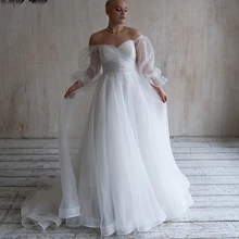

New Wedding Dresses Plus Size Off The Shoulder Wedding Dresses Full Sleeves Beaded Sash Organza Boho Wedding Party Gowns Simple