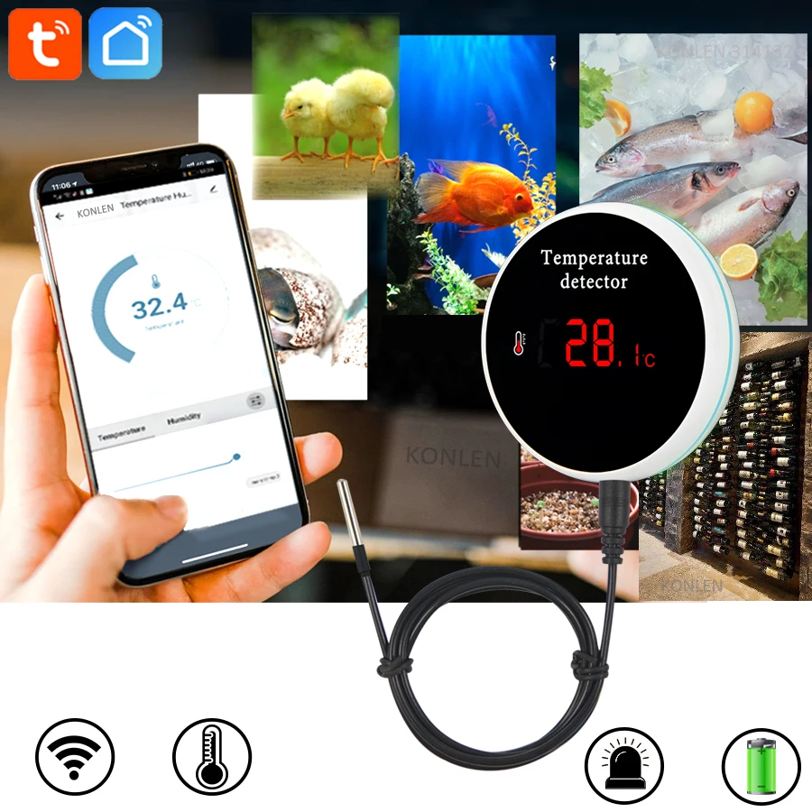 Tuya Smart Wifi Water Temperature Humidity Sensor Indoor Outdoor freezer  Thermometer Hygrometer External Probe LCD Screen Alarm - AliExpress