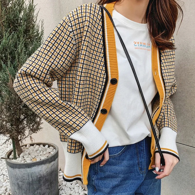 

Knitted Cardigan Women Autumn New Languid Short Retro Plaid Sweater Women of 2019 V-Neck Cardigans Women Sweater