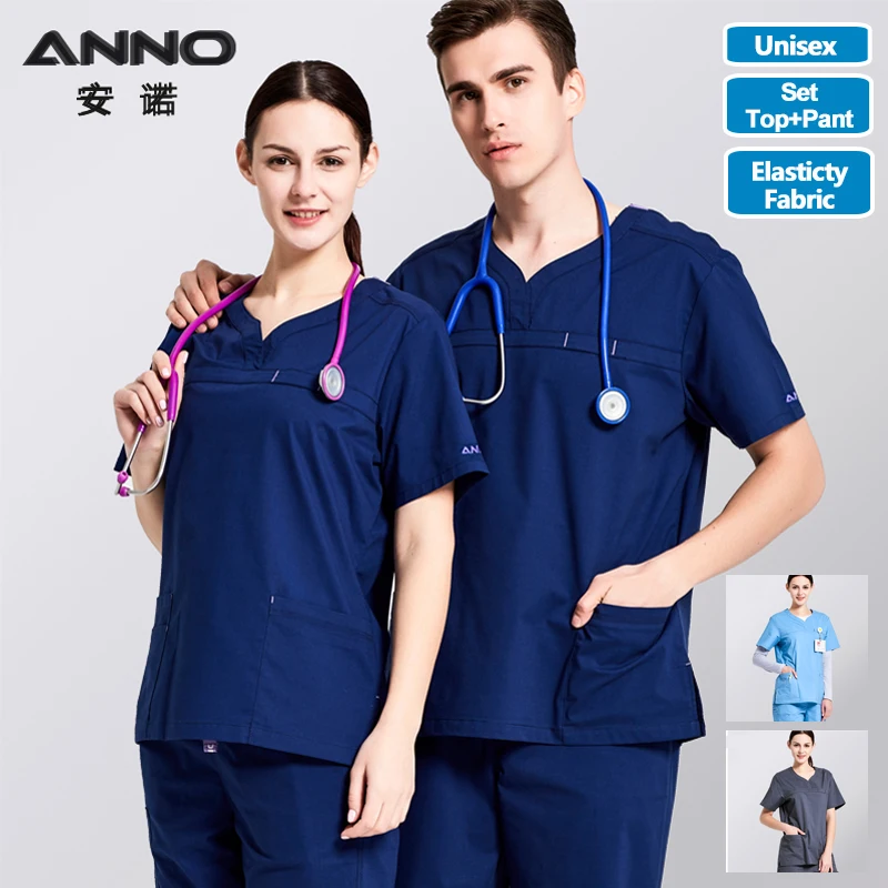 ANNO Nursing Uniforms Elastic Spandex Clinics Suit Female Male Scrubs Hospital Clothing Breathable Cloth Heathy Beauty Wear