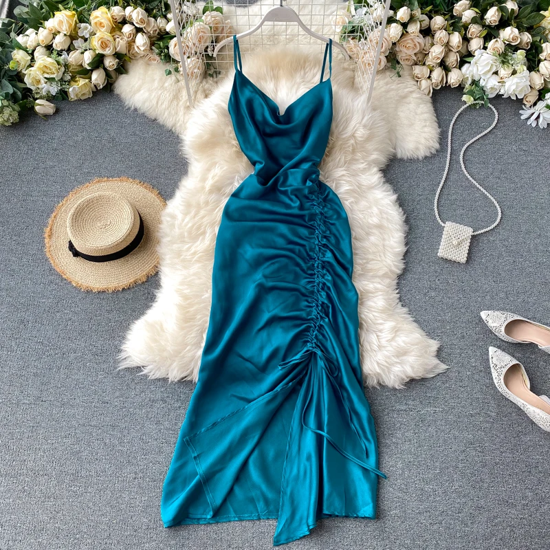 Elegant Design Strap Dress 2020 Light Luxury Summer Sexy Satin Pleated V-neck Halter Waist Slim Drawstring Asymmetrical | Женская одежда