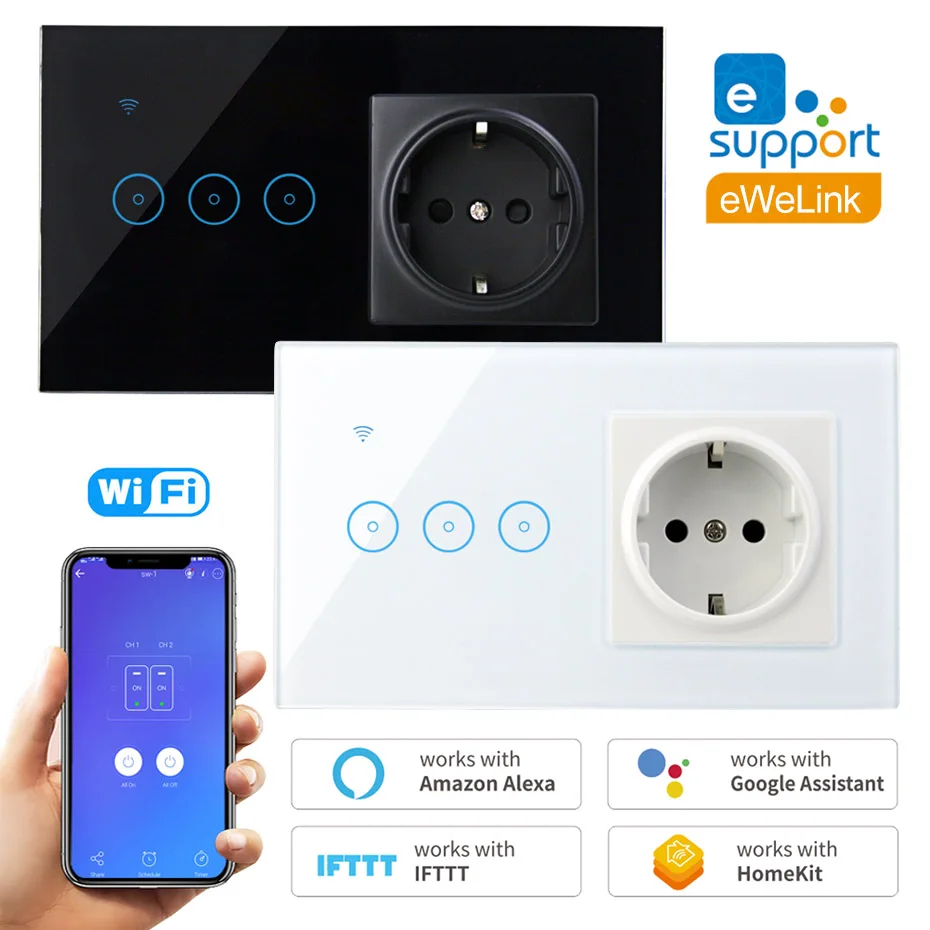 Wifi Smart LED Light Switch with EU Socket 220V 1 2 3 Gang Wall Touch Switch Work with Alexa Google Home IFTTT eWelink EU Plug
