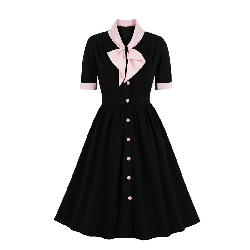 

New Fashion Elegant Ladies clothing Women Summer Short Sleeve Button Black Vintage Retro Casual Party dress with pink bow