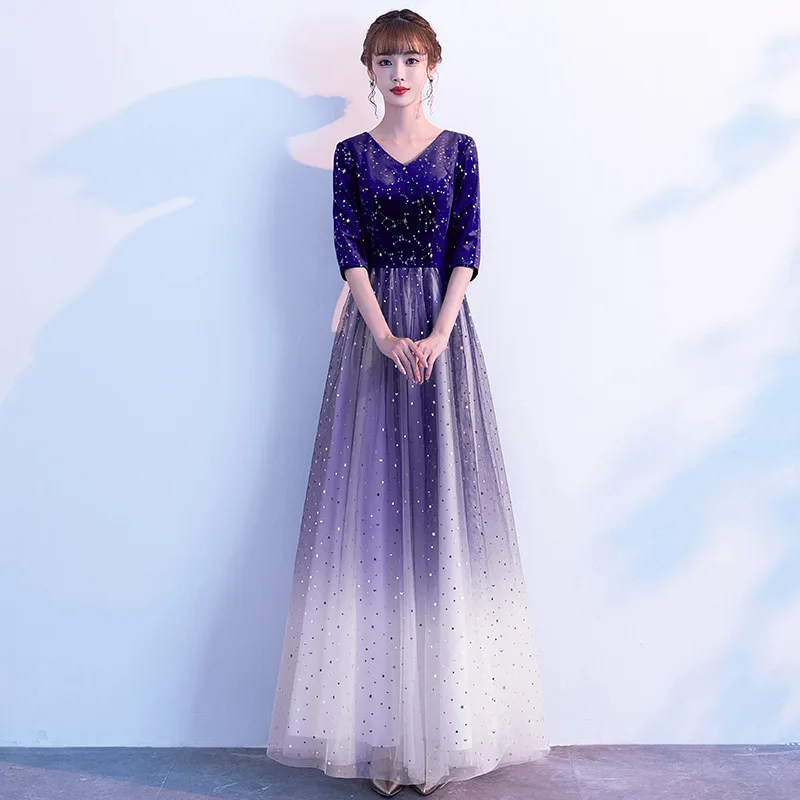 

Sequins Evening Dresses Velvet Top Gradient A Line Formal Gowns 2020 V-Neck Half Sleeve Elegant Dress Crepe Women Vestidos K262