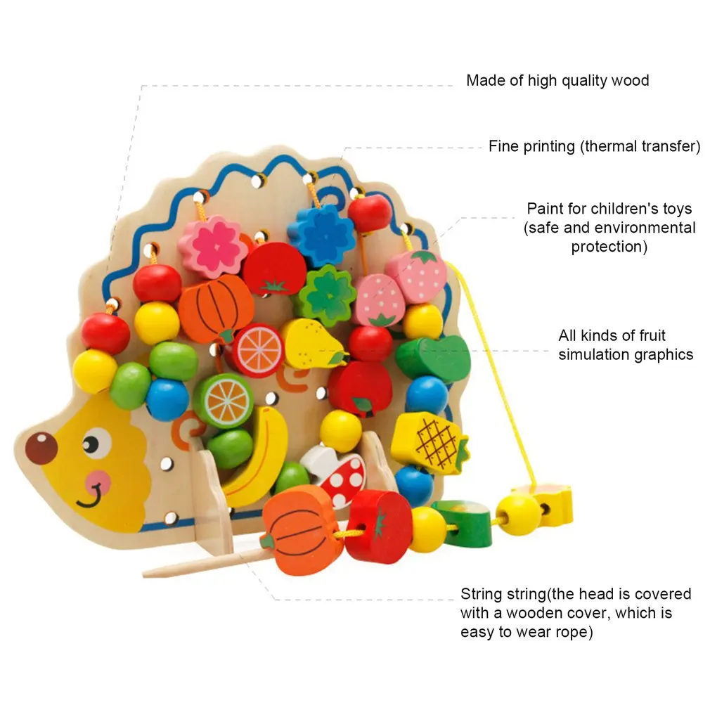 Wooden Fruits and Vegetables Lacing& Stringing Beads Toys with Hedgehog Board for Above 3 Years Old Kids