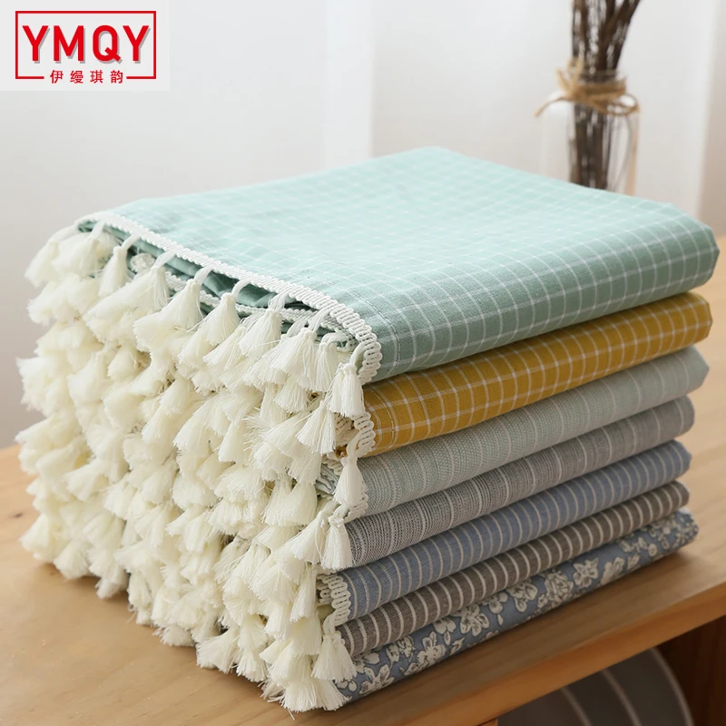 

YMQY Japan Style Linen Cotton Tassel Table Cloth Rectangular Edge Tablecloth Letter Printed Dustproof Table Covers