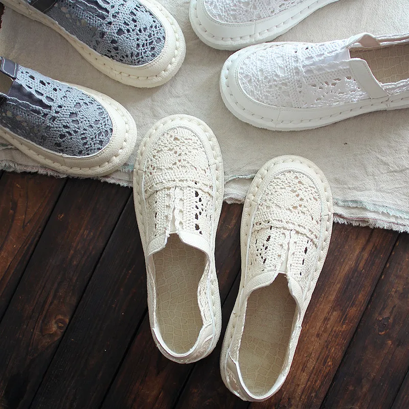 Mori Girl Flats Casual Lace Women Cotton Linen White 2020 Summer Retro Breathable Shallow Slip-on Walking Shoes Woman | Обувь