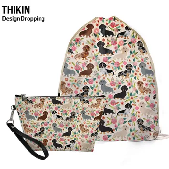 

THIKIN Dachshund Dog Floral Pattern Travel Women Small Storage 2 Pcs Bag Sets Causal Female Drawstring Backpack PU Makeup Case