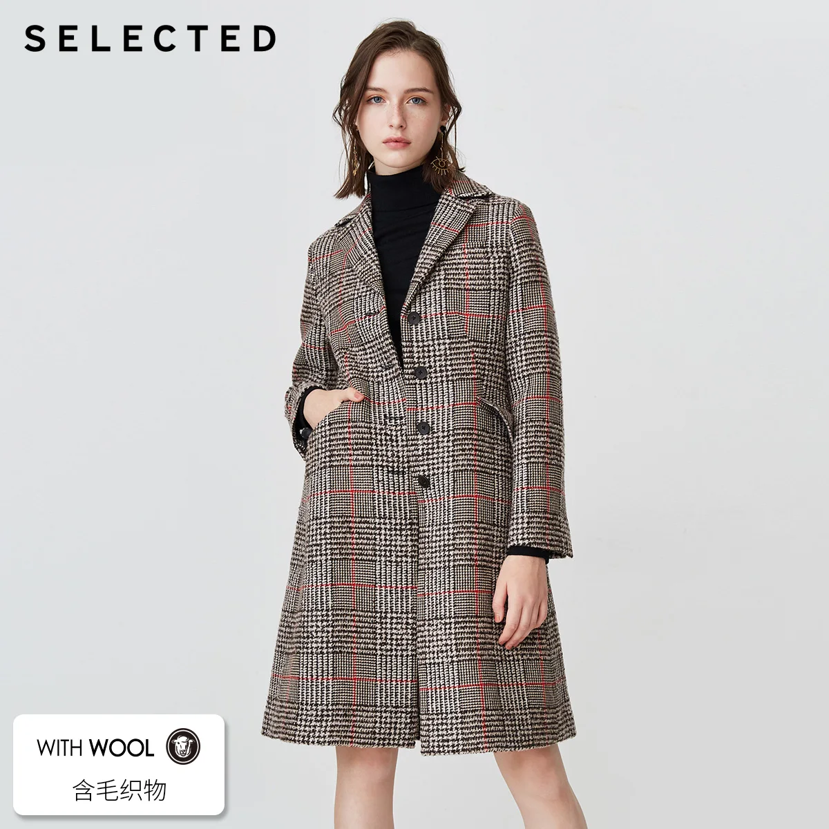 

SELECTED Women's Slim Fit Plaid Woolen Overcoat S|418427521