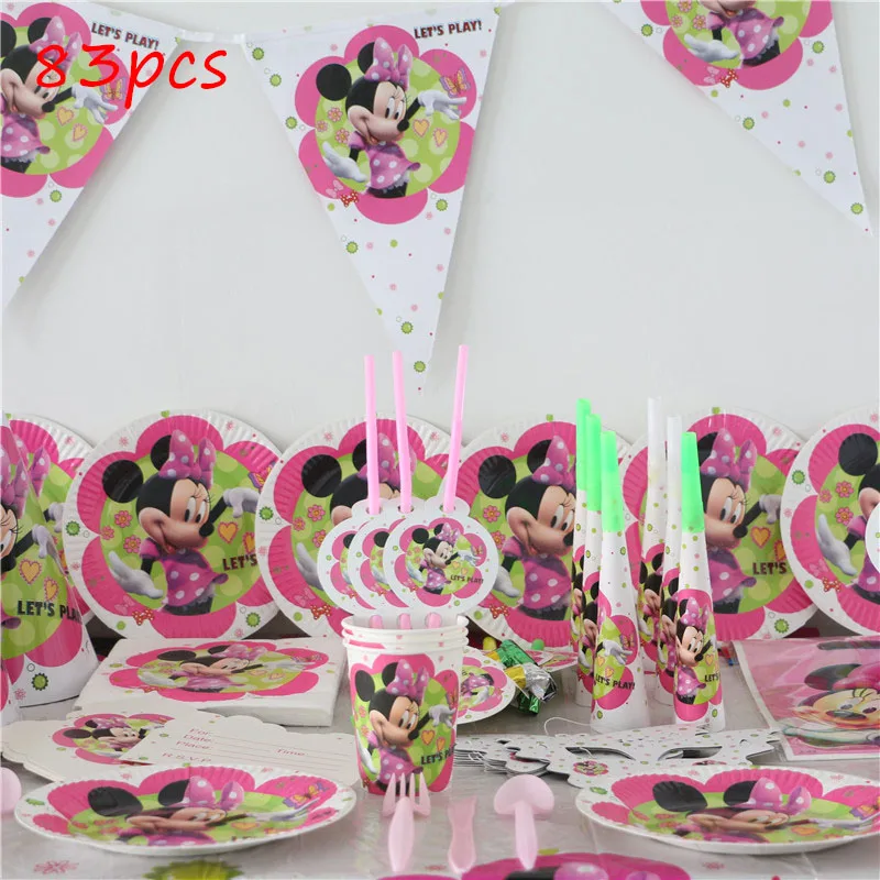 

Minnie Mouse Theme 83 pcs Cartoon Happy Birthday Party Decorations Cup Plate Napkin Disposable Tableware Sets For 10 People Use