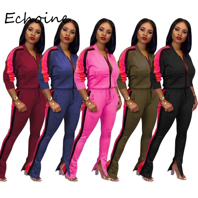 

Casual Sportwear Jackets Cardigan Turn Down Collar Coat + Long Pants Both Side Striped Tracksuit Jogging Femme Two Pieces Set