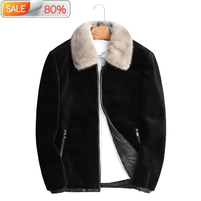

100% Wool Sheep Shearling Coat Winter Jacket Men Mink Fur Collar Coats Plus Size Jackets F-CQ-A72A ND1162