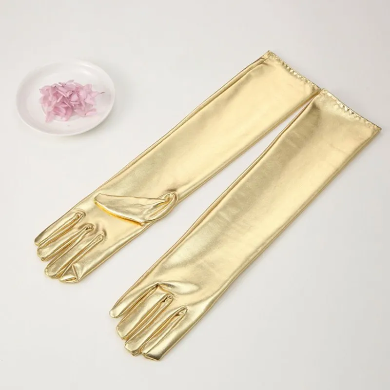 43 см блестящие золотые/Серебряные Длинные свадебные перчатки для невесты Femme длиной до локтя Свадебные перчатки Вечерние перчатки свадебные аксессуары - Цвет: Gold