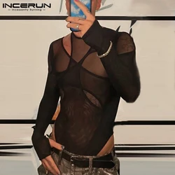 INCERUN Fashion Casual New Men Long Sleeve Triangle Rompers Breathable Mesh Sexy Leisure Patchwork Hot Sale Bodysuits S-5XL 2021