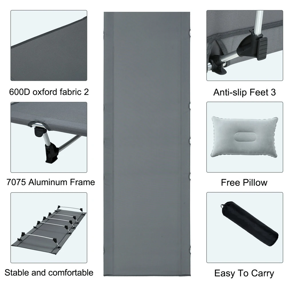 2KG Lightweight Camping Cot Off Ground Folding Single Bed - Carry Bag, Inflatable Pillow - Outdoor Hiking Hunting