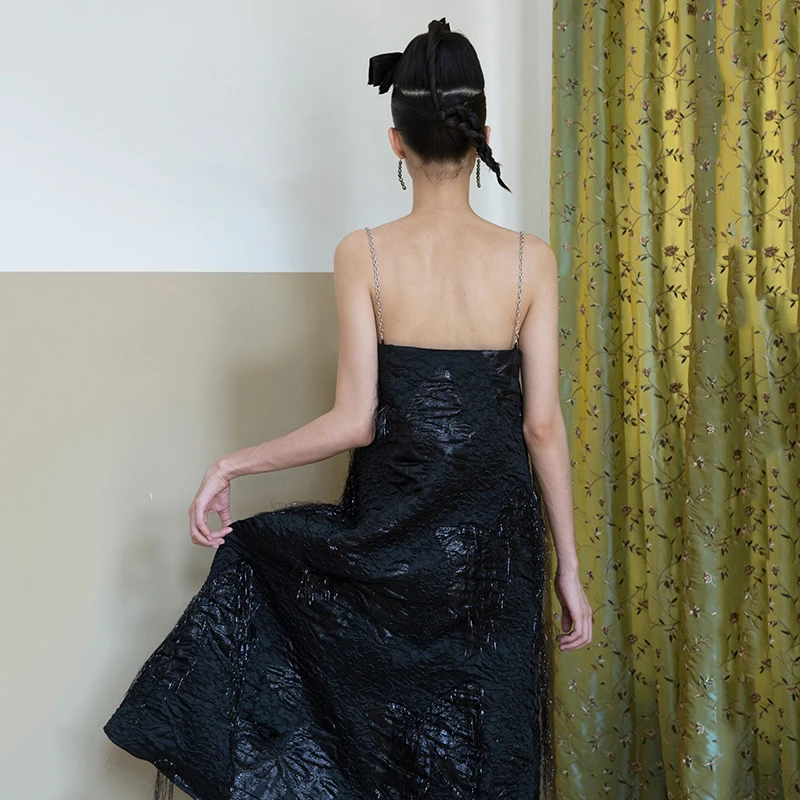[EAM] Women Black Jacquard Temmperament Spaghetti