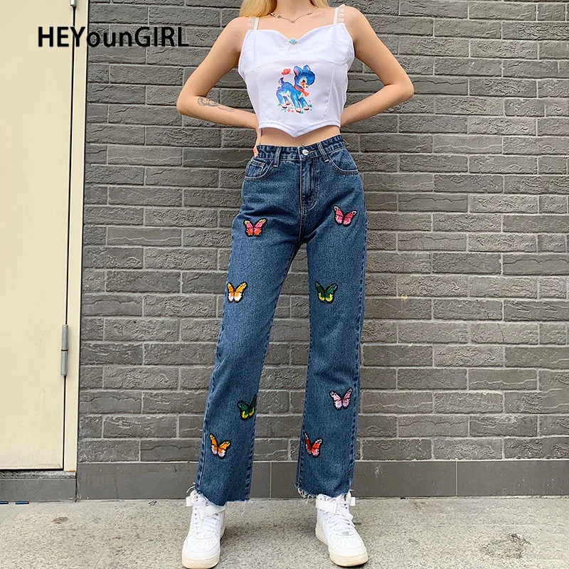 Синие джинсы HEYounGIRL с вышивкой бабочки Женские повседневные Прямые брюки высокой