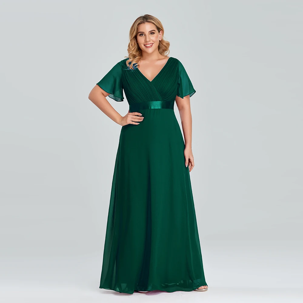 Plus Size Evening Dresses Long XUCTHHC Elegant A Line V Neck Ruffles Chiffon Formal Wedding Party Dress Robe De Soiree 2021