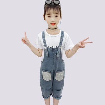 

Kids Clothes Girls Tshirt + Jumpsuit Teenage Girls Denim Clothing Casual Style Girl Outfit Patchwork Children's Costume