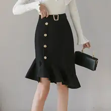 3xl Сексуальная Труба Русалка Асимметричная юбка размера плюс с высокой талией облегающая сумка Хип-хоп юбка однотонная пуговица формальная юбка с оборками