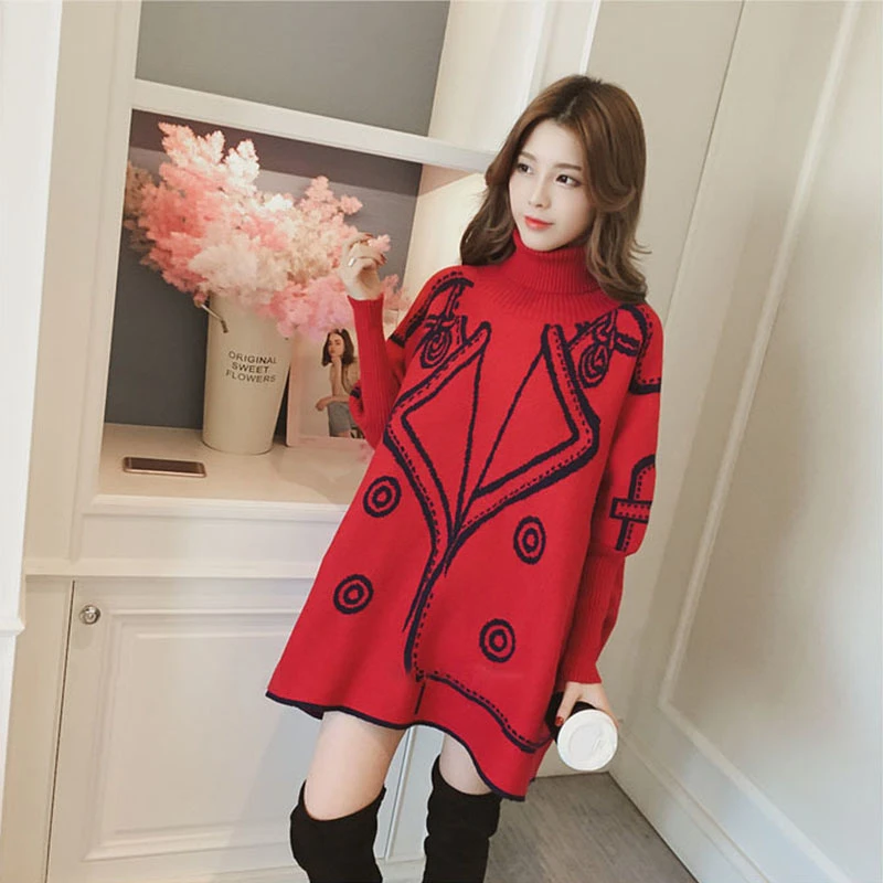 Вязаный свитер с узором, Женский пуловер с высоким воротником, Корейская свободная повседневная одежда с рукавами летучая мышь, Осень-зима