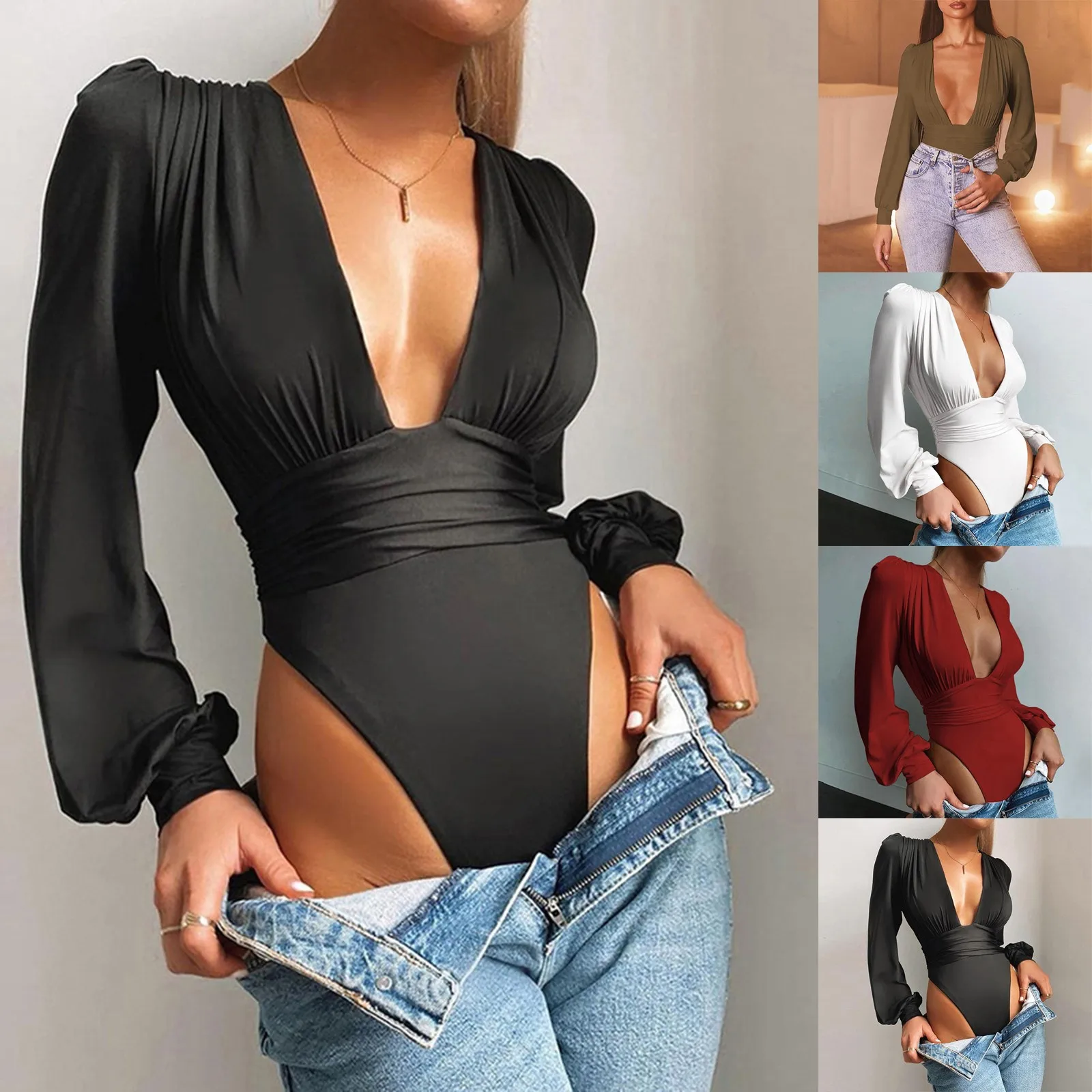 Jumpsuit Women Sexy Low Chest Outfits Low cut Solid Color Slim Long sleeved Hip Package Jumpsuit Body Top Женская Одежда
