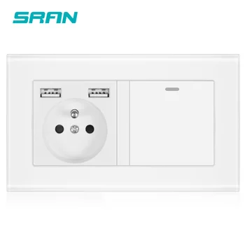 

SRAN wall France socket with rocker switch，socket with usb 146*86 crystal glass panel with light switch 1 gang 1/2/3 way
