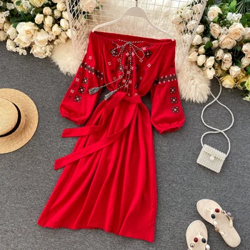 

Ethnic Style Dress Spring 2020 Retro Embroidery Bubble Sleeve Lace Over The Shoulder Knee-length Dress