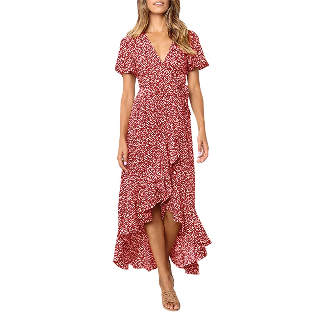 Feitong vestido платье ropa mujer femme модное женское платье с v-образным вырезом и коротким рукавом с цветочным принтом и оборками с открытой вилкой#822