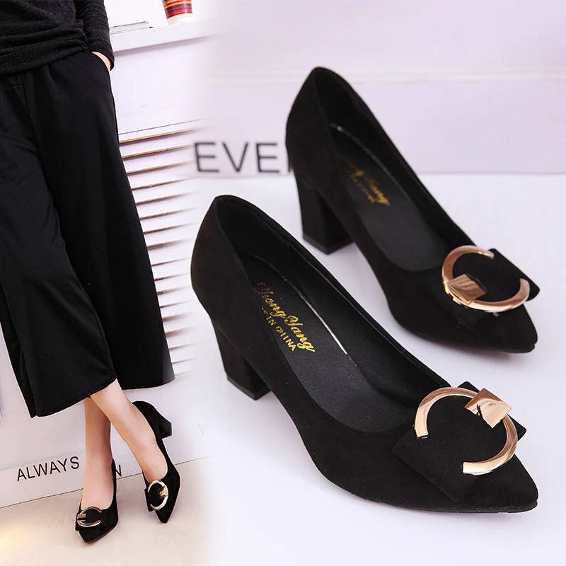 

2018 new Korean version of the pointed shallow mouth suede thick with single shoes fashion wild comfortable high heels