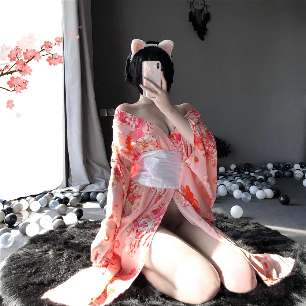 

Sexy Pink Sakura Kimono Japanese Uniform Temtation Chiffon Print Robe Floral Bathrobe Cosplay Roleplay Geisha Sexy Lingerie Set