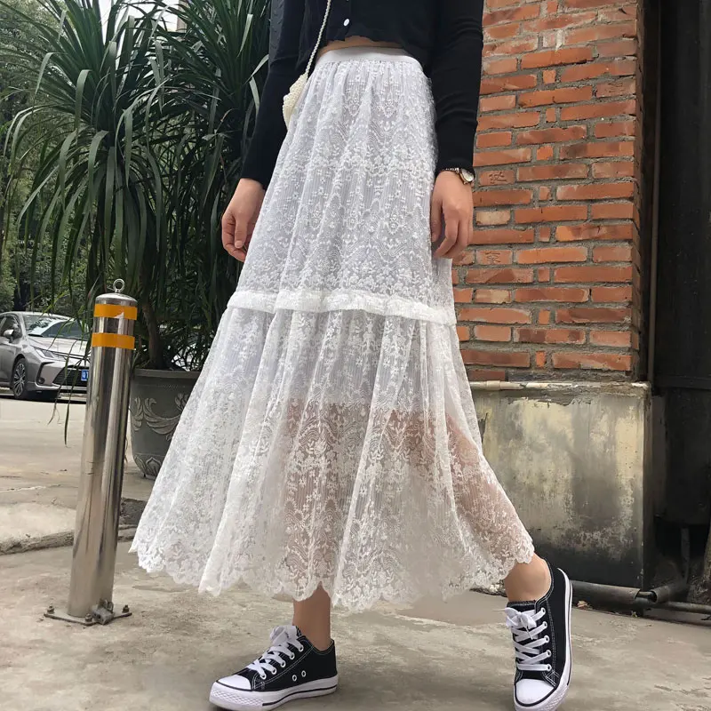 VERHELLEN Plus Size High Waist Solid Lace Maxi Skirt 2020 Spring Women Hollow Out Elastic Midi Skirts Womens Faldas | Женская одежда