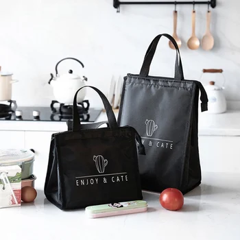 

Lunch Bag Black Waterproof And Oilproof Large Capacity Pocket Travel Food Fruit Organizer Picnic Storage Bag 1 Pcs