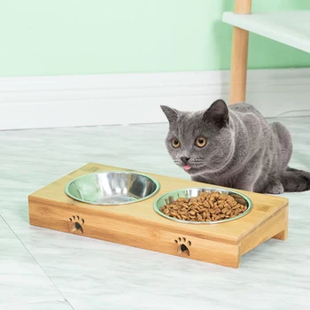 

Newly Ceramic Bowl Wooden Table Pet Dog Cat Bamboo Wood Table in a Kitten Double Bowl Non-slip Small Dog Food Bowl TE889