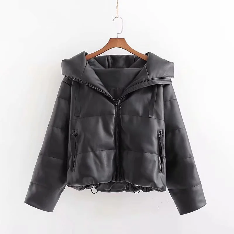 FCCEXIO PU Leather Parkas Women Fashion Hooded Faux Leather Coats Women Elegant Zipper Cotton Jackets Female Office Lady Coat - Цвет: Черный