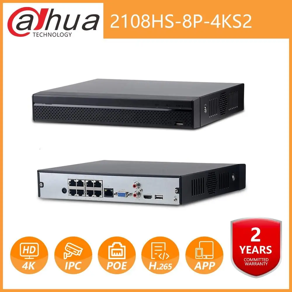 Dahua 8 канальный NVR2108HS 8P 4kS2 1U PoE Lite 4K H.265 сетевой видеорегистратор HD1080P DH 8MP рекордер 4CH