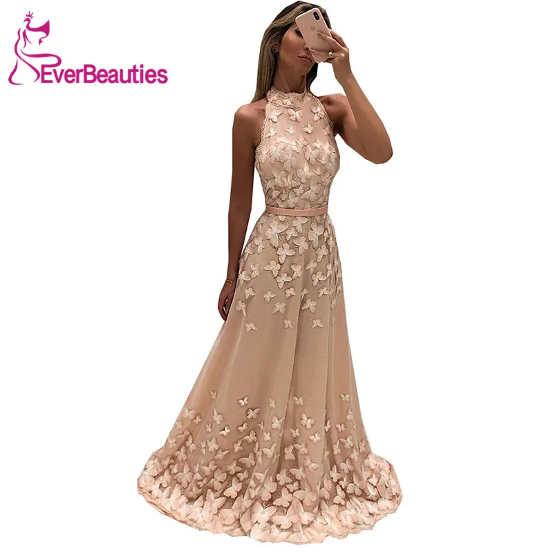 

High Neck Long Evening Dresses 3D Butterfly Lace Prom Party Dresses 2020 Robe De Soiree