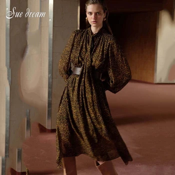 

2020 Autumn New Women's Retro Leopard Print Long Sleeve O-neck Midi Dress Bodycon Celebrity Club Party Runway Dress Vestidos